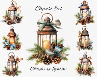Christmas Lantern, Vintage Watercolor Clipart Bundle - Digital Download, Scrapbook PNGs