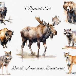Paquete de imágenes prediseñadas de acuarela de criaturas, vida silvestre y animales de América del Norte - Descarga digital, PNG de álbum de recortes