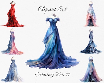 Evening Dresses Watercolor Clipart Bundle - Digital Download, Scrapbook PNGs