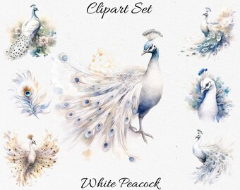 White peacock, Wildlife, Tropical Animals Watercolor Clipart Bundle - Digital Download, Scrapbook PNGs