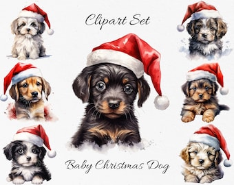 Christmas Baby Dogs Watercolor Clipart Bundle - Digital Download, Scrapbook PNGs