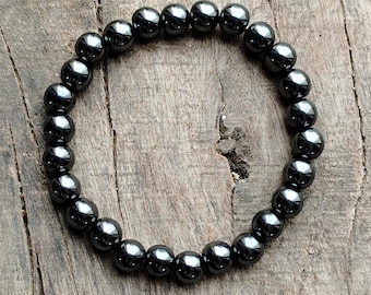 Natural Hematite Round Gemstone Bracelet, Handmade Crystal Beads, Gift for Her
