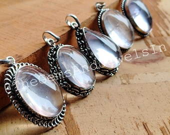 Clear Quartz Gemstone Pendant, 925 Sterling Silver Plated, Minimalist Gemstone