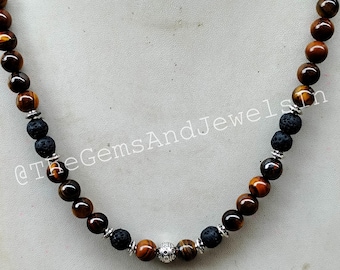 Collar de ojo de tigre y piedra de lava, 45 cm (18 pulgadas) de cuentas de cristal estilo boho.