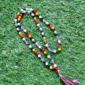 108 Japa Mala Tassel Necklace, Natural Stone Prayer Mala Beads, Handmade Multi Beads Tassel Mala Necklace, Gemstone Beads Necklace
