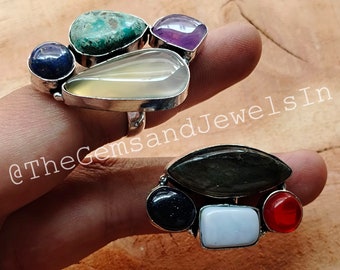 Handmade Mixed Gemstone Cabochon Ring, Silver Plated, Chunky Statement