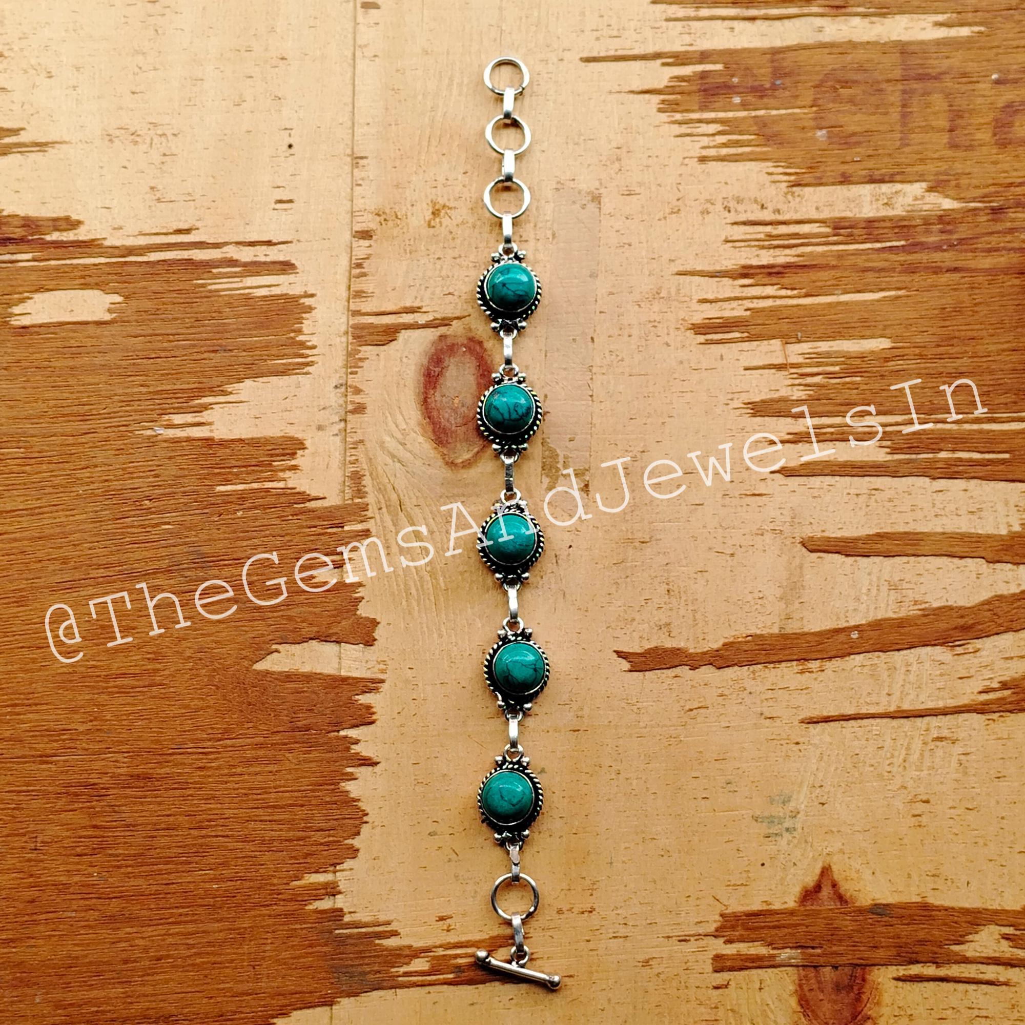 Turquoise Cabochon Bracelet, 925 Sterling Silver Plated 