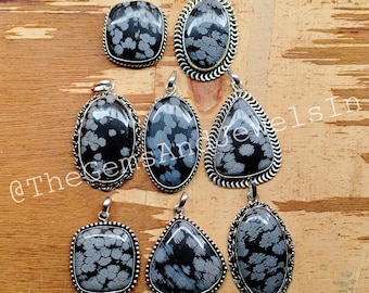 Snowflake Obsidian Pendant, Snowflake Obsidian Gemstone Pendant, 925 Sterling Silver Pelted, Wholesale Snowflake Obsidian Pendant Lot