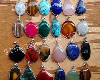 Mixed Bezel Pendant, Natural Mix Gemstone Pendant, Silver Pelted Pendant, Wholesale Mix Gemstone Pendant Lot, Gift for Her, Gift For Mom
