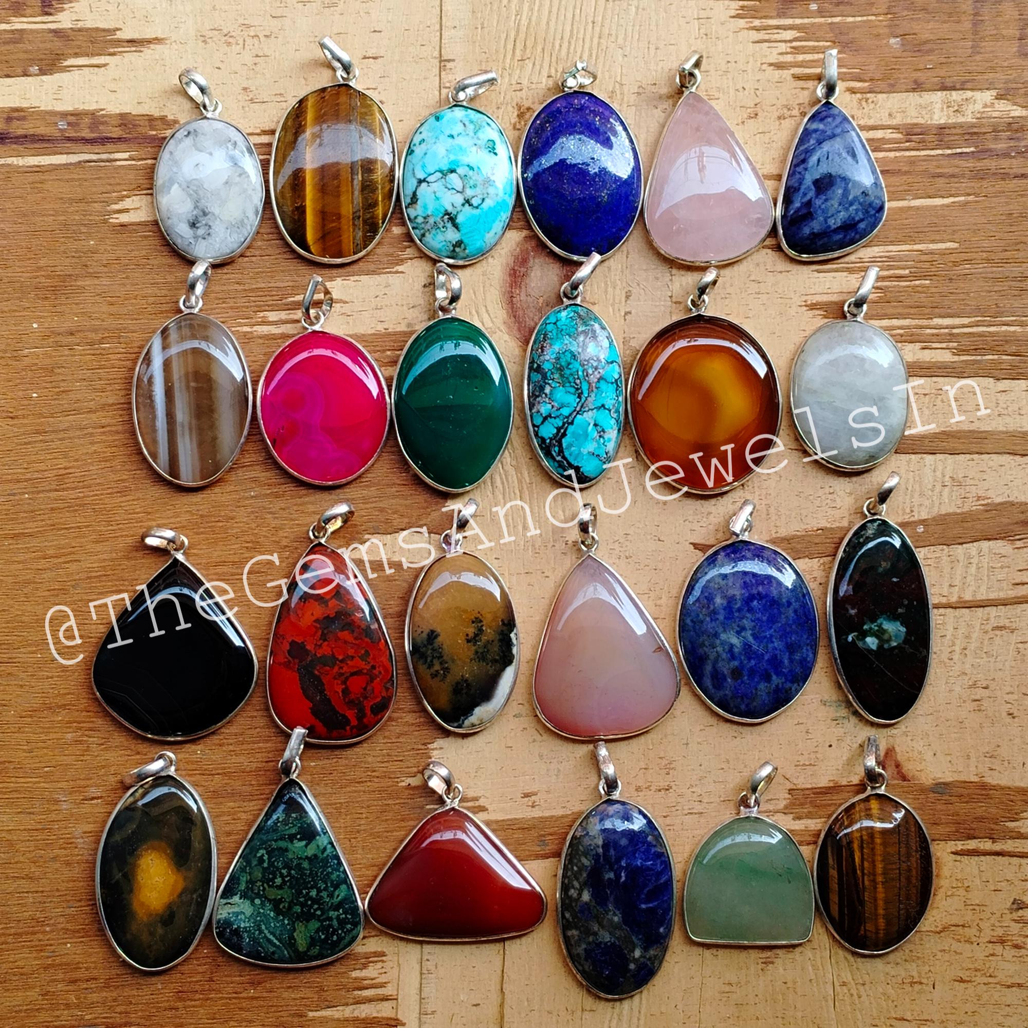 Engraved Gemstone Pendant ペンダントトップ Mixed Gemstone Silver Pelted Pendant, Natural Stone Bezel - Etsy