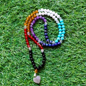 Natural 7 Chakra Beads Necklace, Prayer Mala Beads, Gemstone Heart Necklace, Meditation Protection Handmade 108 Japa Mala Tassel Necklace