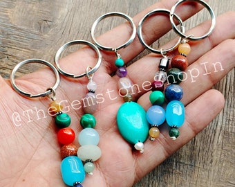 Natural Gemstone Beads Keychain, Colorful Mix Stone Bag Charm
