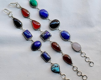 Pulsera de piedras preciosas hecha a mano, chapada en plata de ley 925, pulsera ajustable con cabujón
