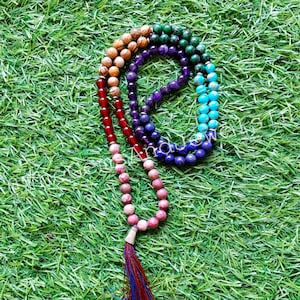 108 Japa Mala Tassel Necklace, Handmade 7 Chakra Beads Necklace, Natural Gemstone Prayer Mala Beads, Meditation Protection Necklace