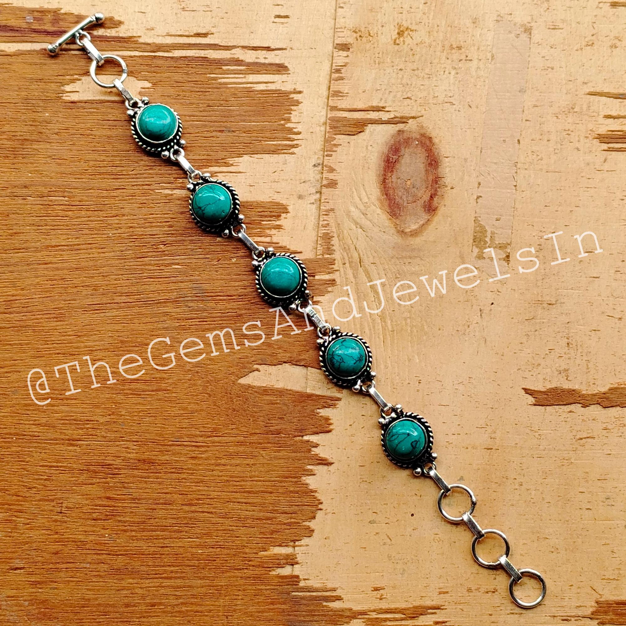 Turquoise Cabochon Bracelet, 925 Sterling Silver Plated 
