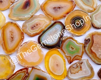 May include: Assortment of agate slices in various shades of brown, yellow, and green. The agate slices have a natural, polished finish and are perfect for crafting or decoration. @TheGemstoneShopIn