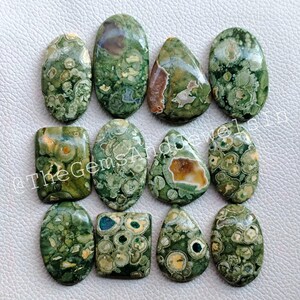 May include: A collection of 12 green, brown, and white ocean jasper cabochons. The cabochons are various shapes and sizes, with a speckled pattern.