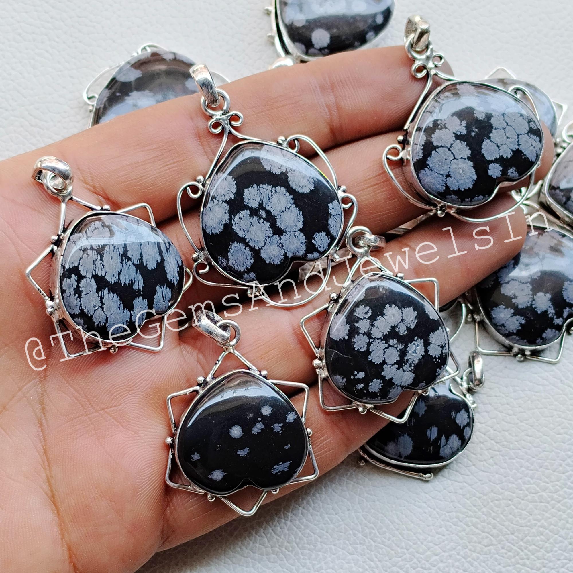 スノーフレークオブシディアンハートペンダント、925スターリング