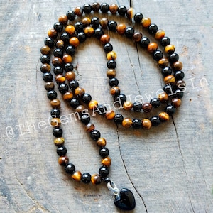 Natural Stone Prayer Mala Beads, Tigers Eye And Black Onyx Mala Necklace, Black Onyx Heart Necklace, Handmade 108 Japa Mala Tassel Necklace