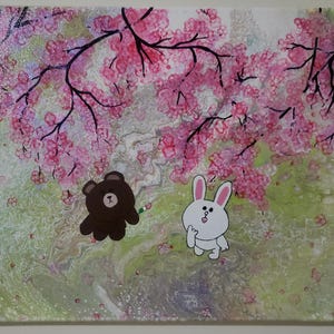 May include: A painting of a brown bear and a white rabbit standing in front of a pink cherry blossom tree. The background is a green and white abstract design.