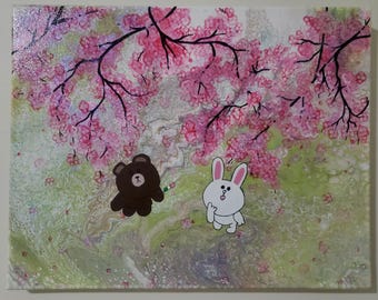 Line Friends Brown and Cony are depicted on a spring date under the beautiful Sakura trees. Original Acrylic Painting 11x14Inches.
