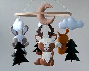 Woodland nursery mobile, baby girl mobile, baby mobile boy, hanging mobile, baby shower gift, cloud mobile, woodland animals mobile