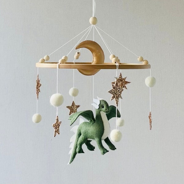 Dragon nursery baby mobile, Felt hanging toy, Baby boy mobile, Fantasy baby nursery, Golden moon and stars, Baby shower gift, newborn gifts.