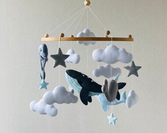 Whale baby mobile, ocean mobile, personalized nursery mobile, narwhal dolphin, nursery hanging crib mobile, newborn present,baby shower gift