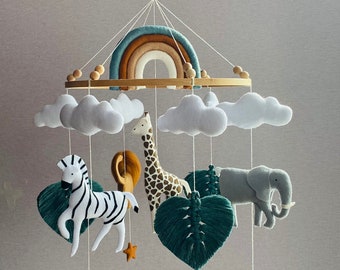 Safari nursery mobile with Rainbow , realistic felt animals lion, giraffe, zebra, elephant, Crib mobile, ceiling mobile, newborn gift.