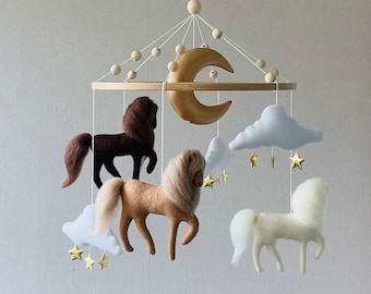 Horse baby mobile for neutral nursery, crib mobile, baby shower present, moon and cloud mobile, hanging nursery decor, newborn gift.