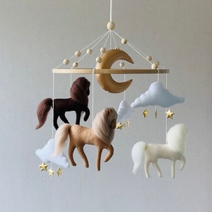 Horse baby mobile for neutral nursery, crib mobile, baby shower present, moon and cloud mobile, hanging nursery decor, newborn gift.