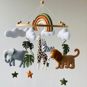 Mobile Safari pour chambre d'enfant avec arc-en-ciel, animaux réalistes en feutre lion, girafe, zèbre, éléphant, mobile pour berceau, mobile pour plafond, cadeau pour nouveau-né. image 3