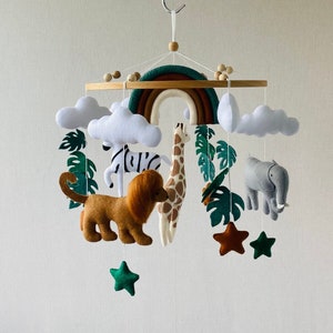 Safari mobile with Rainbow, realistic felt animals elephant, lion,giraffe, zebra, Crib mobile, ceiling mobile, newborn gift, baby shower.