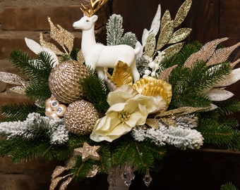 Luxury Christmas gold composition for the fireplace - table center, window holiday decor, stylish elegant Christmas decor, table centerpiece