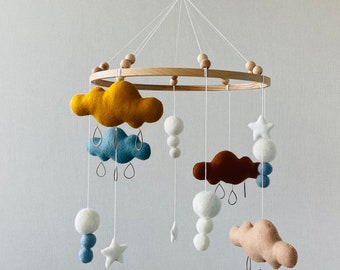 Hanging Boho mobile clouds and stars, crib mobile, nursery mobile, baby mobile girl, expecting mom gift, baby shower gift, newborn present.