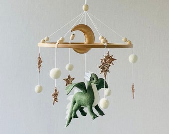 Móvil para bebé con diseño de dragón, juguete colgante de fieltro, móvil para bebé niño, guardería de fantasía para bebé, luna dorada y estrellas, regalo para baby shower, regalos para recién nacidos.
