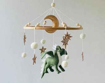 Dragon nursery baby mobile, Felt hanging toy, Baby boy mobile, Fantasy baby nursery, Golden moon and stars, Baby shower gift, newborn gifts.