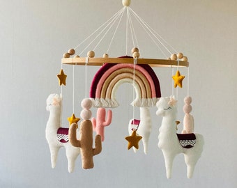Rainbow llama mobile, crib felt mobile, nursery alpaca mobile, newborn present for girl, boho nursery, scandinavian mobile, baby shower gift