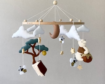 Winnie the Pooh bear mobile, Baby mobile boy, girl mobile, Classic Pooh Nursery, Woodland nursery decor, Baby crib cot mobile, baby shower.