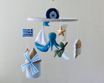 Greek baby mobile for crib, Evil Eye personalized mobile for girl and boy, Octopus mobile, Ocean baby mobile for nursery, baby shower gift.