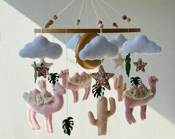 Hanging nursery decor for girl, baby mobile with  pink camels in the clouds and stars with the moon, crib mobile,  baby shower present