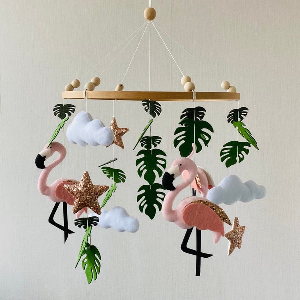 Móvil de niña, móvil de bebé flamenco, animales de fieltro de guardería, móvil de cuna, móvil de nubes, decoración de guardería colgante, regalo recién nacido, regalo de baby shower