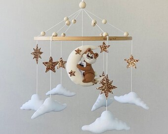 Bear mobile for woodland nursery, hanging mobile girl, forest nursery boy mobile, Crib mobile, newborn shower gift, custom mobile.