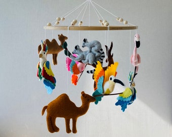 Tropical baby mobile with Africa 10 animals, nursery mobile, felt Africa safari, expecting mom gift, newborn present, crib mobile.