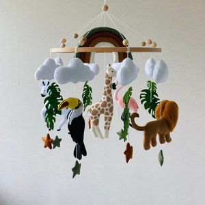 Mobile per neonati a tema safari, per cameretta dei bambini, con arcobaleno, animali tropicali in feltro, mobile per culla, mobile da soffitto, decorazione safari per cameretta dei bambini, regalo per neonati.