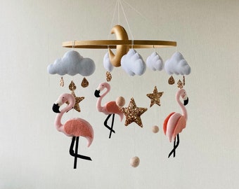 Flamingo Baby Mobile, nursery felt animals, crib mobile, moon and clouds mobile, baby girl mobile, newborn gift, pink mobile.