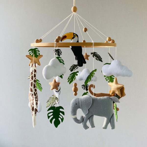 Baby Safari Mobile, Kinderzimmer Krippe Mobile, Afrika realistische Tiere, Baby Mobile Mädchen, Monstera Mobile, Unisex Mobile, Neugeborenen-Duschegeschenk.