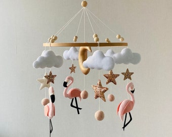 Baby mobile girl, flamingo Mobile, nursery felt animals, crib mobile, clouds mobile, hanging nursery decor, newborn gift,baby shower present