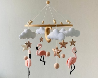 Baby mobile girl, flamingo Mobile, nursery felt animals, crib mobile, clouds mobile, hanging nursery decor, newborn gift,baby shower present