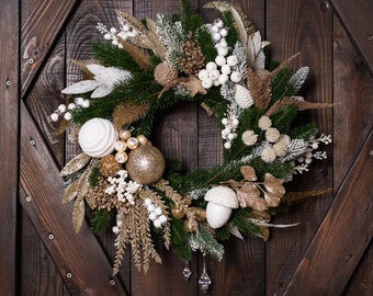 Front door Christmas wreath,  Gold wreath, Winter Christmas swag, elegant front wreath, modern Christmas wreaths, farmhouse wreath.